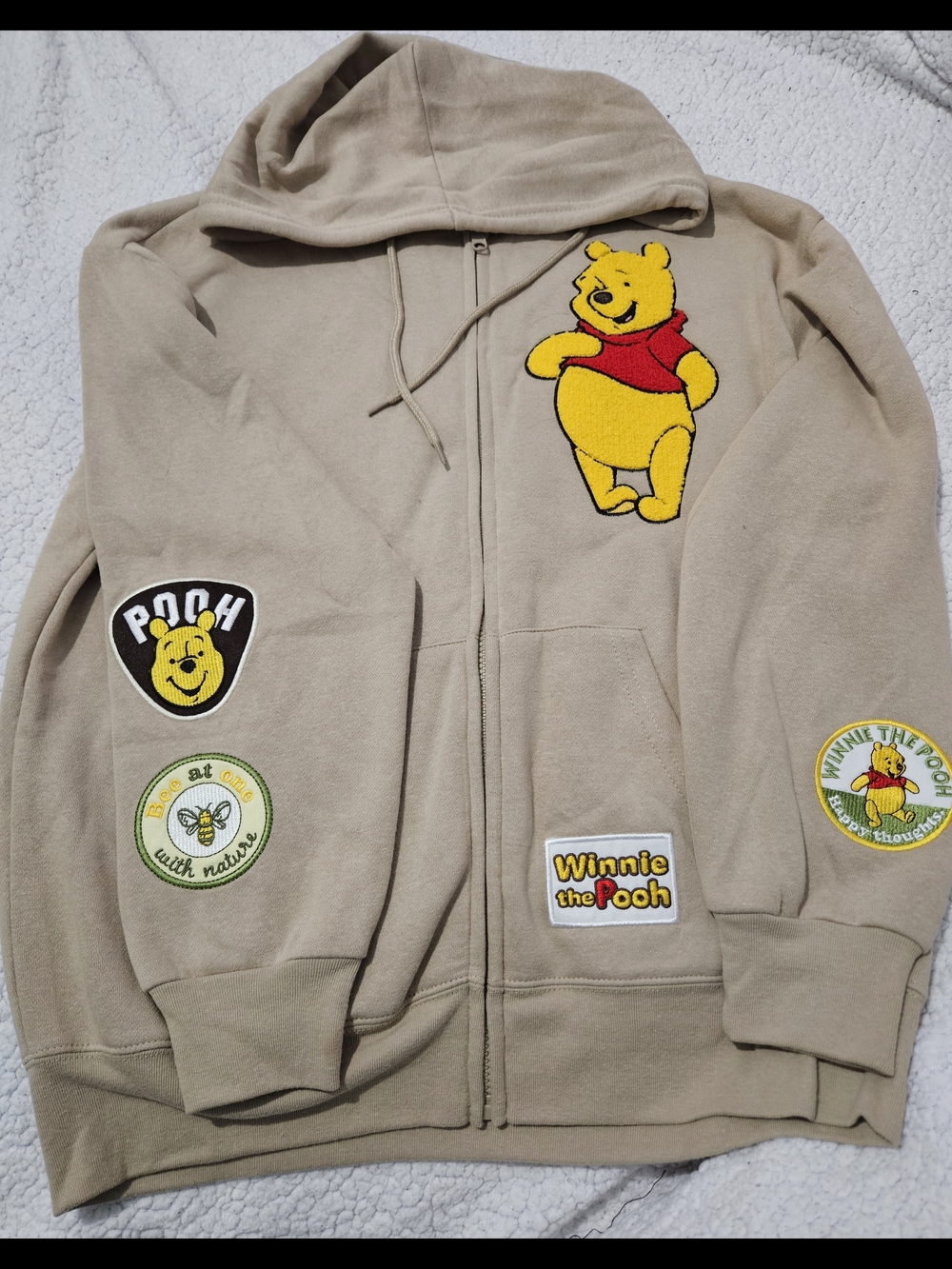 Winnie the Pooh Beige Zip-Up Hoodie with Patches